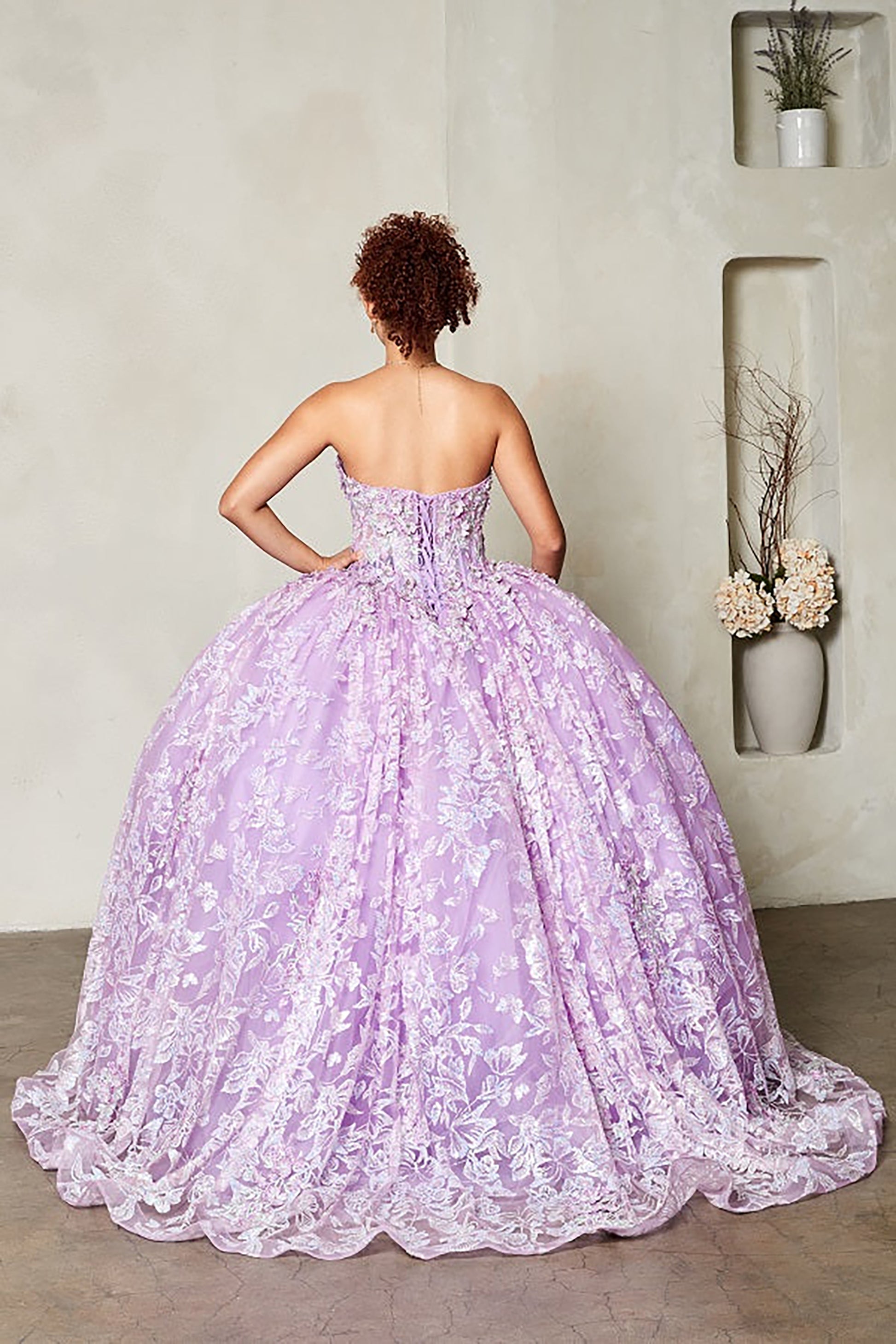 Quinceanera | Lilac Strapless Sheer Bodice Gown with 3D Floral Appliqués and Glittering Butterfly Details | Tavita dress | 3 Colors Available back view