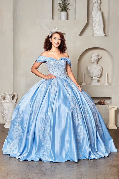 Quinceanera | Cinderella Blue Crystal Beaded Bodice and 3D Floral Appliqués Sweet 15 Ball Gown | Sierra dress