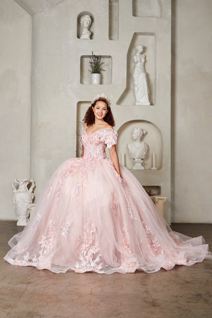 Woman wearing blush ball gown with crystal-beaded embroidered bodice, 3D floral appliqués, and voluminous full skirt
