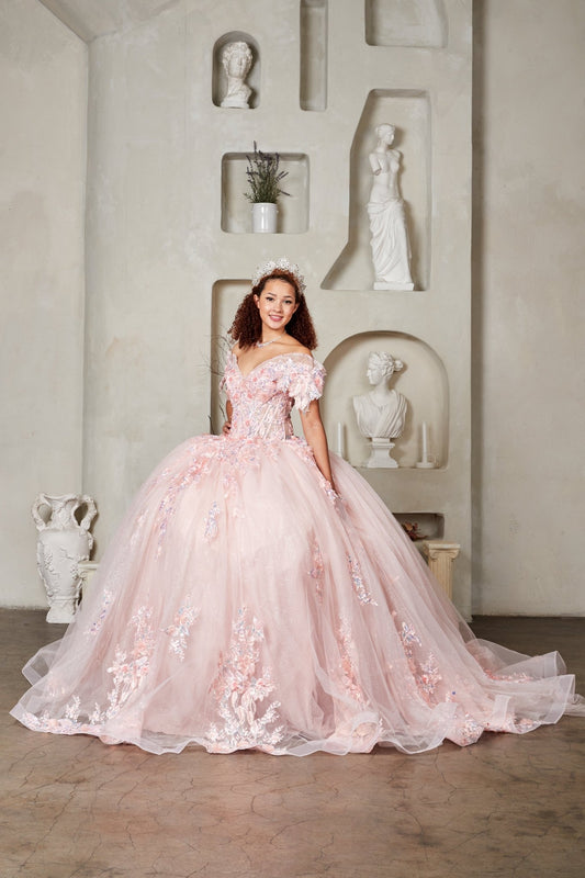 Woman wearing blush ball gown with crystal-beaded embroidered bodice, 3D floral appliqués, and voluminous full skirt