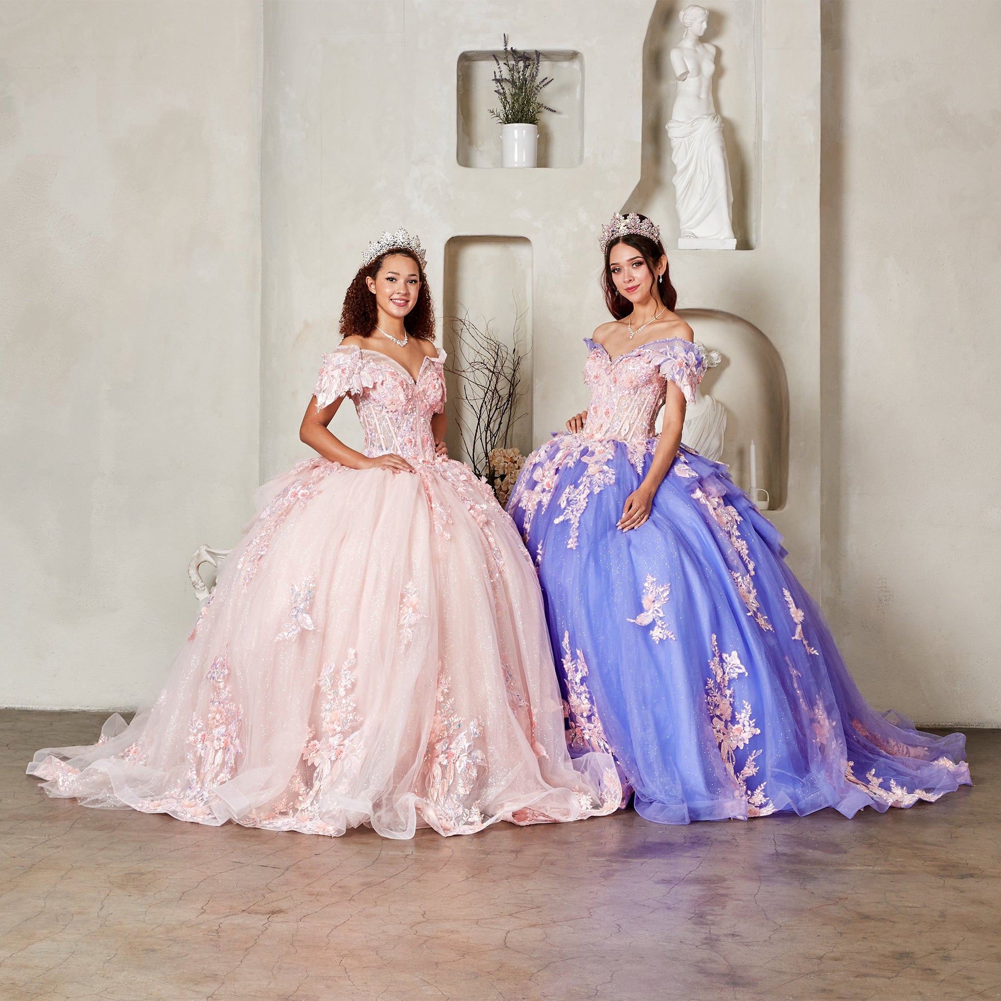 Quinceanera | Blush Crystal Beaded Embroidered Bodice and 3D Floral Appliqués Quince Ballgown | Santana dress  with lilac dress