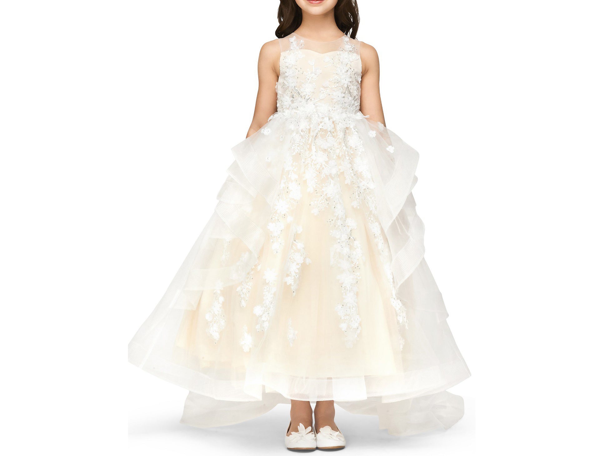 Champagne Hand-crafted Lace Appliques & Sequin Beads High-low Flower Girl Dress with Detachable Train - front view of girl wearing dress with feet together and hands at sides