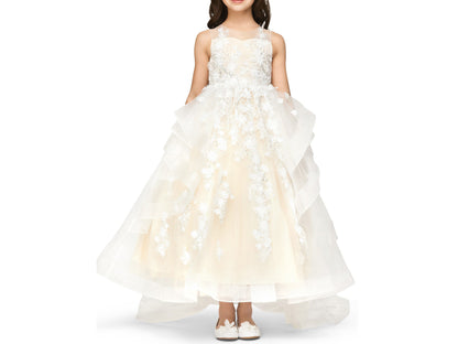 Champagne Hand-crafted Lace Appliques & Sequin Beads High-low Flower Girl Dress with Detachable Train - front view of girl wearing dress with feet together and hands at sides