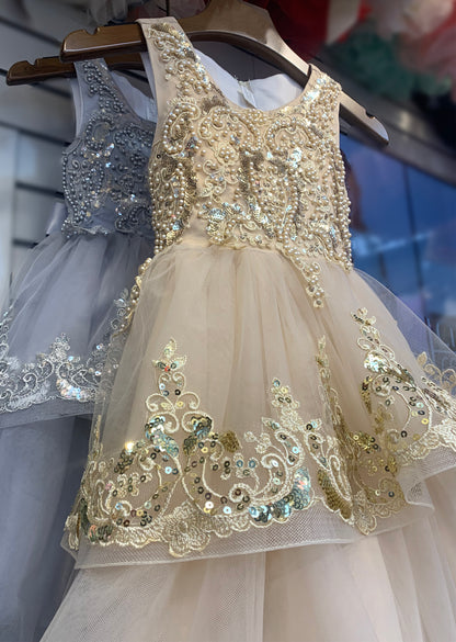 Champagne Elegant 3D Pearl Beaded and Sequin Lace Flower Girl Dress - dress on a hanger