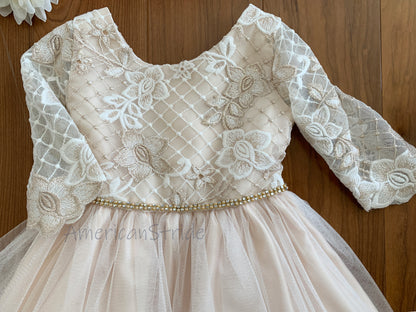 Champagne USA Made | 3/4 sleeve Lattice Flower Embroidered Lace with Satin & Crystal Tulle Flower Girl Dress - zoomed in front view of dress with pearl sash belt