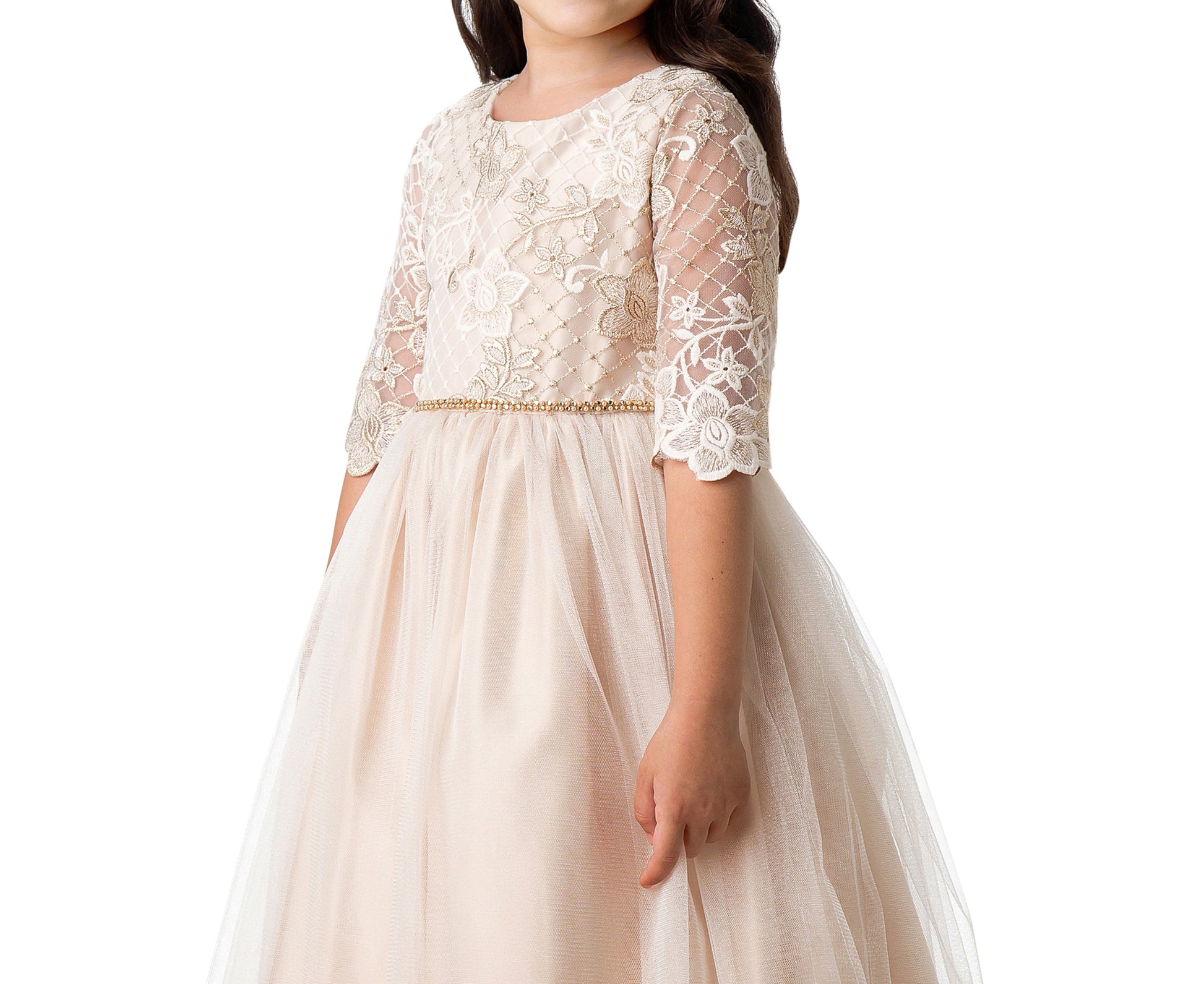 Champagne USA Made | 3/4 sleeve Lattice Flower Embroidered Lace with Satin & Crystal Tulle Flower Girl Dress - zoomed in front view of girl wearing dress