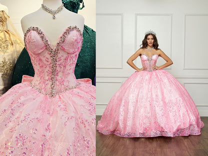 Pink Quinceanera | Spackly Sequins and Embellishments See-through Corset Bodice adorned with Shimmering Gems Quince Ballgown - split view zoomed in dress/front view of woman wearing dress with hand on hips