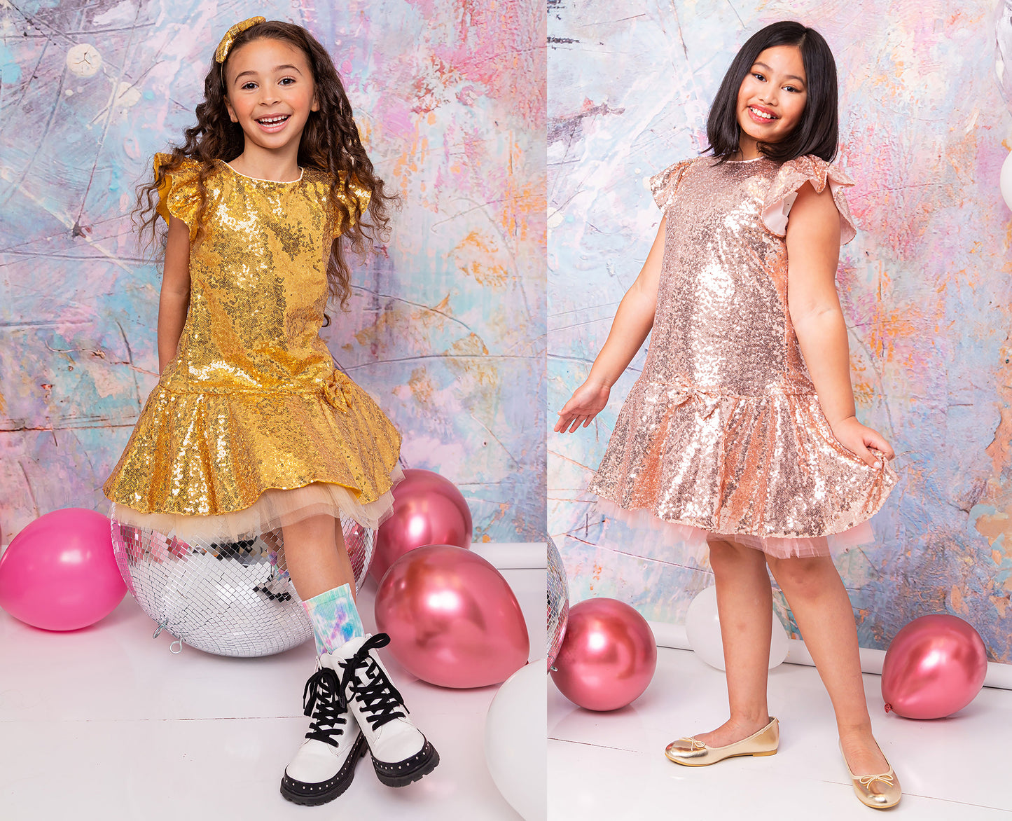 USA Made | Sequin Butterfly Ruffle sleeves Tulle Dress | Birthday Girl Dress | Perfect Party Dress - split image of 2 girls wearing different color dress