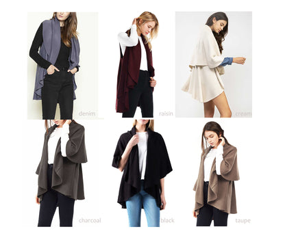 Women 4-in-1 Winter Basic Shawl Vest - women wearing shawl vest. 6 colors. Denim, raisin, cream, charcoal, black, taupe.