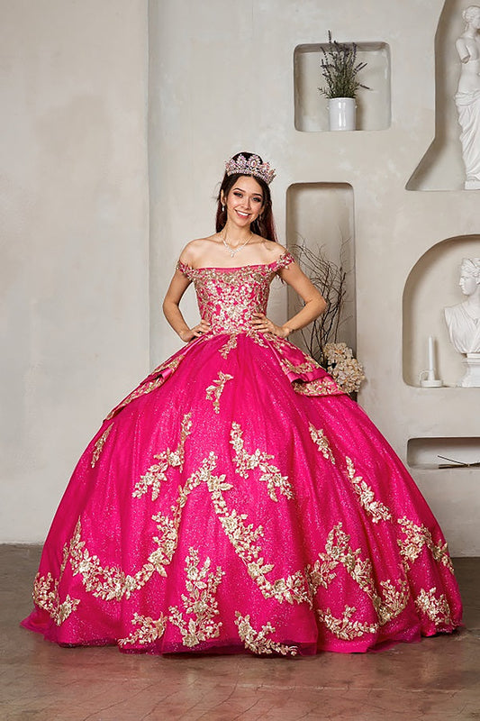 Quinceanera | Fuchsia Off-Shoulder Beaded Embroidered Quince Gown with Glitter Layered Skirt and Ruffle Satin Train | Santana dress