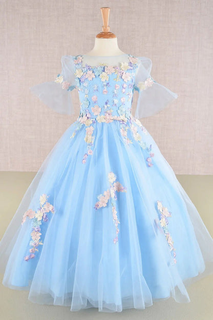 Baby Blue Kid Ballgown with 3D Floral Appliqué, Puff Sleeves, and Long Back Hem back view