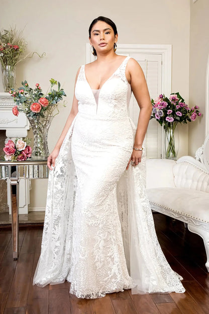 Front full-length view of an ivory glitter mermaid wedding dress featuring a shimmering silhouette and illusion details.