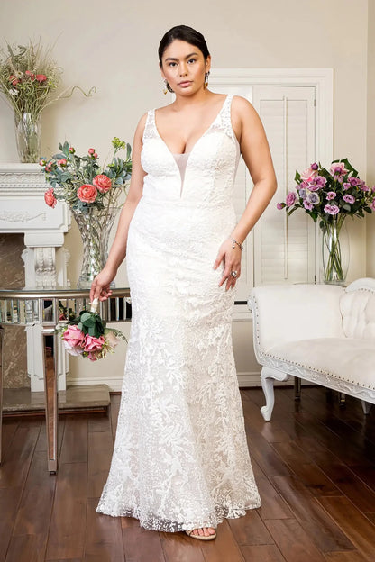 Front full-length view of Ivory glitter mermaid wedding dress with illusion V-neckline, sheer V-back, straps and mesh overlay