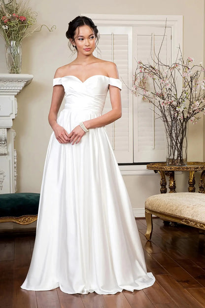 Front full-length view of an ivory satin A-line wedding dress with sweetheart neckline, off-shoulder sleeves, pleated skirt, and V-back zipper.