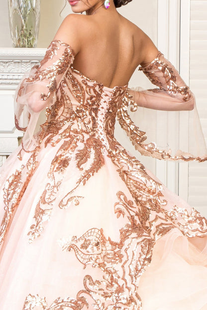 Quinceañera | Champagne Sequin Embellished Glitter Mesh Sweet 15 Ball Gown with Detached Mesh Sleeves | Plus Size Available | Nina dress | 4 Colors Available back zoom