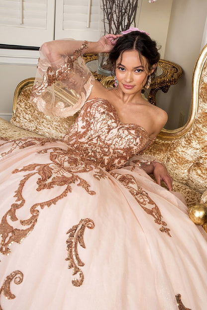 Quinceañera | Champagne Sequin Embellished Glitter Mesh Sweet 15 Ball Gown with Detached Mesh Sleeves | Plus Size Available | Nina dress | 4 Colors Available dress with sleeves