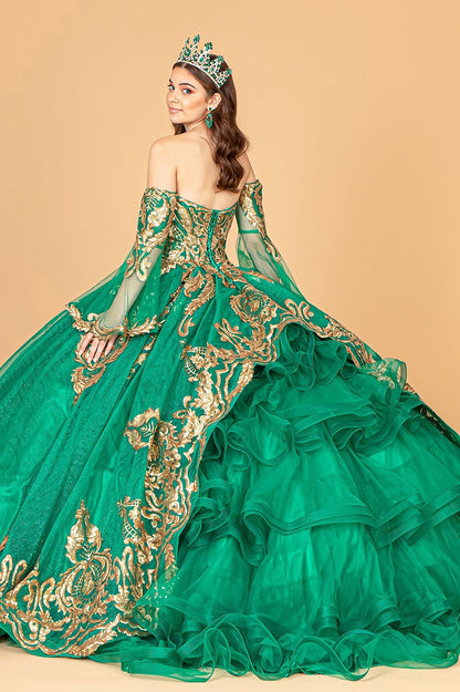 Quinceañera | Emerald Green Sequin Embellished Glitter Mesh Sweet 15 Ball Gown with Detached Mesh Sleeves | Plus Size Available | Nina dress | 4 Colors Available whole back view