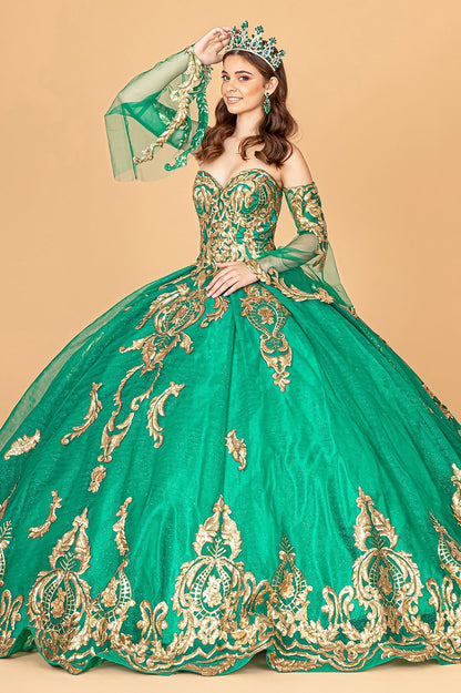 Quinceañera | Emerald Green Sequin Embellished Glitter Mesh Sweet 15 Ball Gown with Detached Mesh Sleeves | Plus Size Available | Nina dress | 4 Colors Available front view