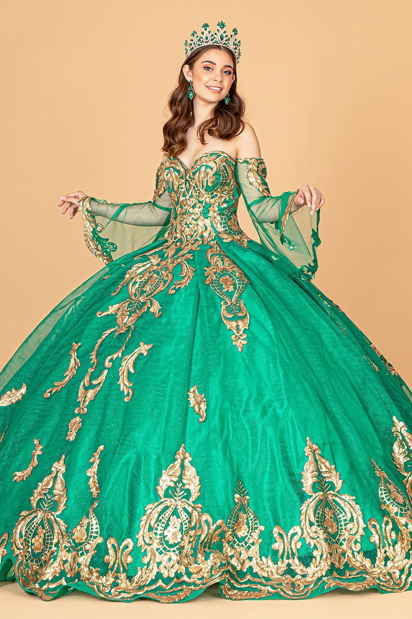Emerald Green Quinceañera Dress with Sequin Embellished Sleeves XL / Green