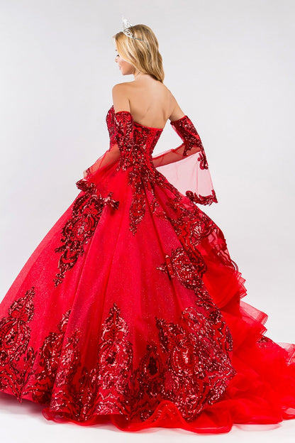Quinceañera | Red Sequin Embellished Glitter Mesh Sweet 15 Ball Gown with Detached Mesh Sleeves | Plus Size Available | Nina dress | 4 Colors Available side view