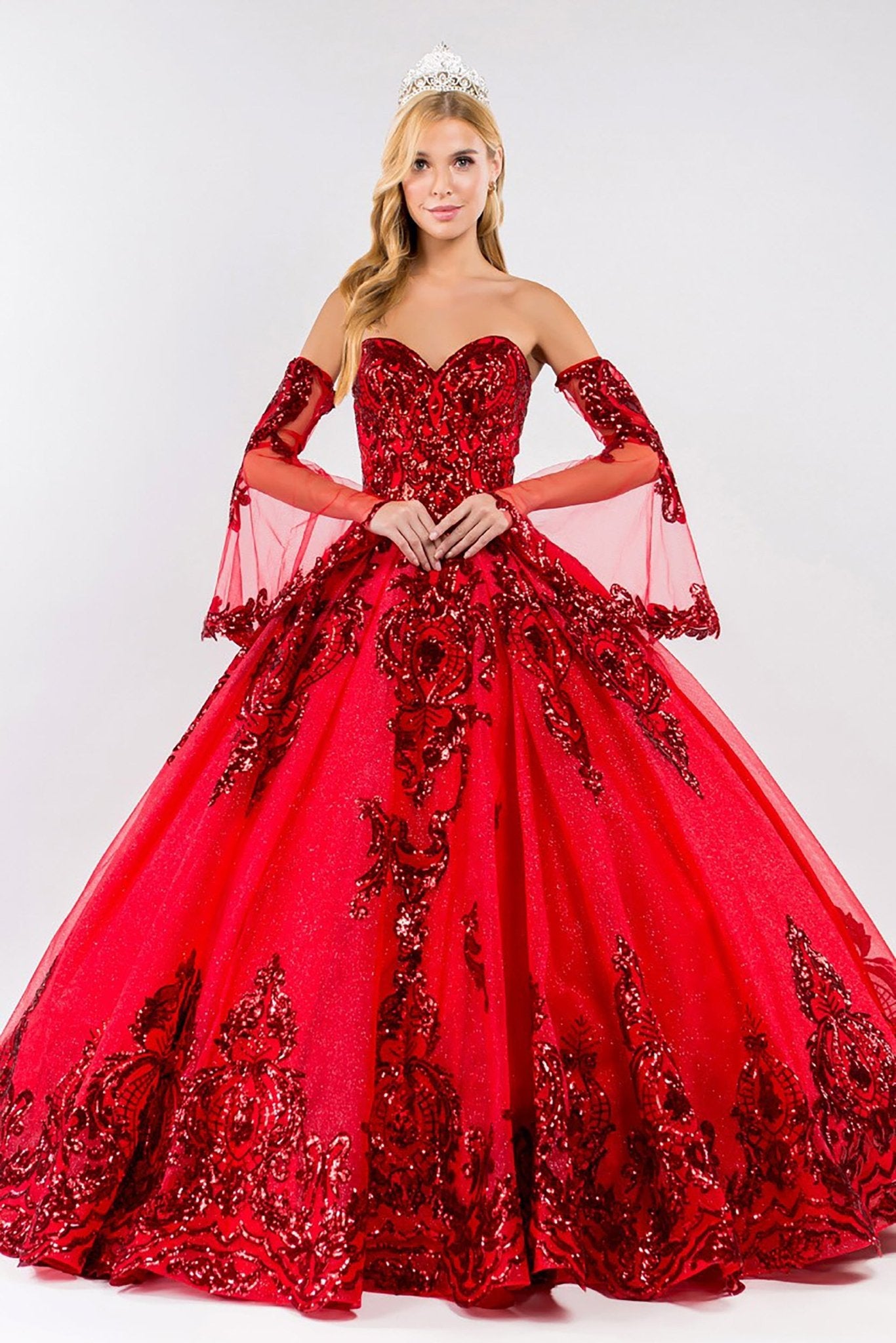 Quinceañera | Red Sequin Embellished Glitter Mesh Sweet 15 Ball Gown with Detached Mesh Sleeves | Plus Size Available | Nina dress | 4 Colors Available front view