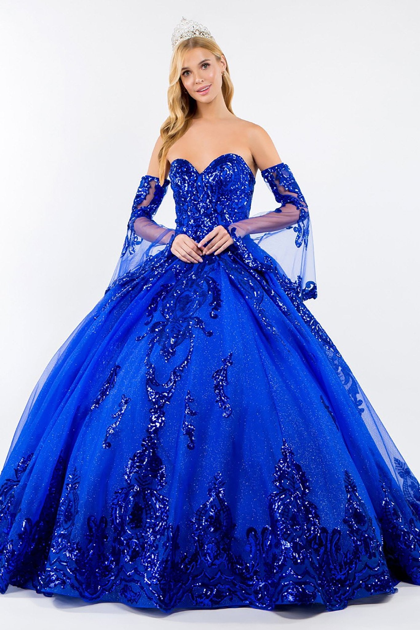 Quinceañera | Royal Blue Sequin Embellished Glitter Mesh Sweet 15 Ball Gown with Detached Mesh Sleeves | Plus Size Available | Nina dress | 4 Colors Available front view