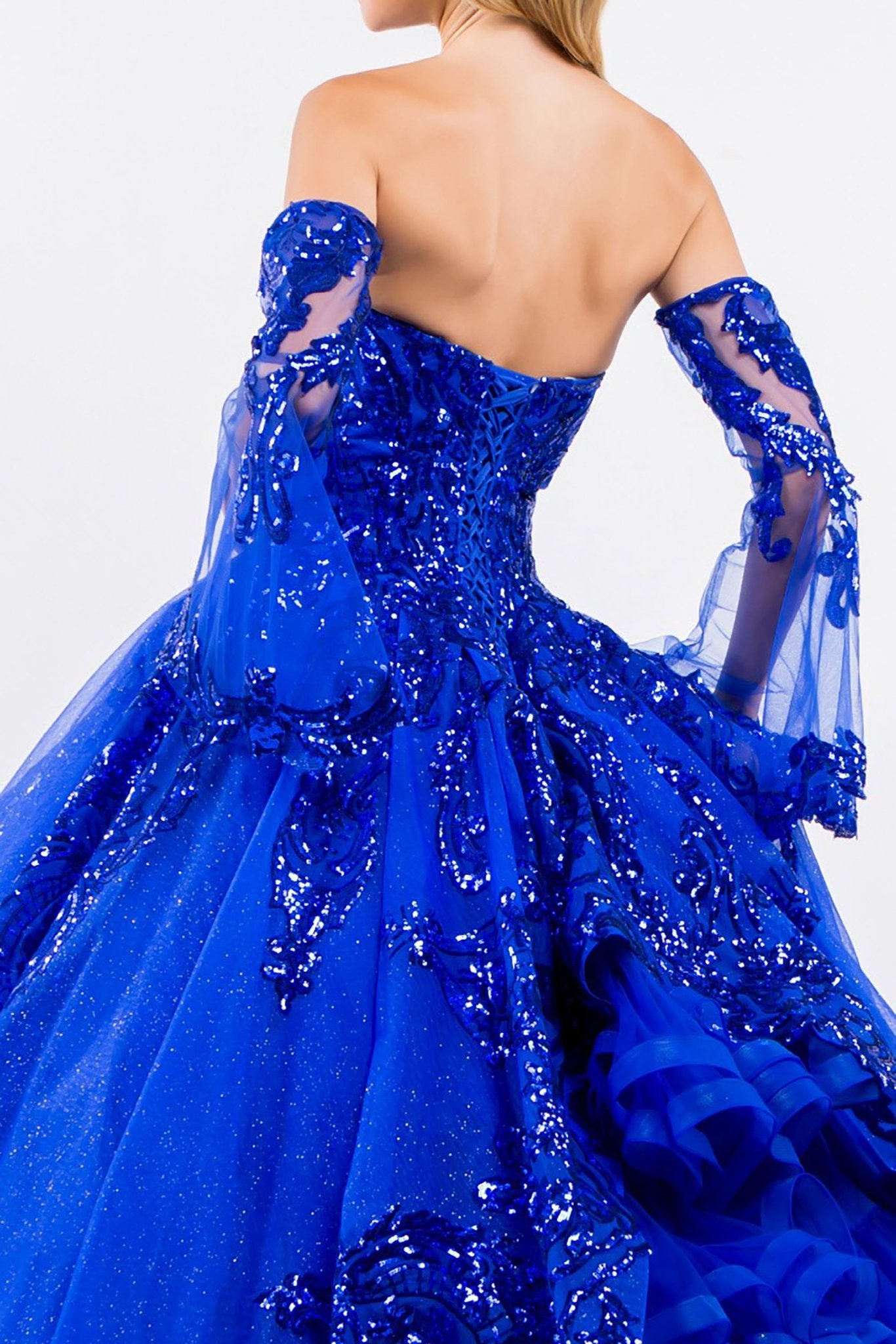 Quinceañera | Royal Blue Sequin Embellished Glitter Mesh Sweet 15 Ball Gown with Detached Mesh Sleeves | Plus Size Available | Nina dress | 4 Colors Available back zoom