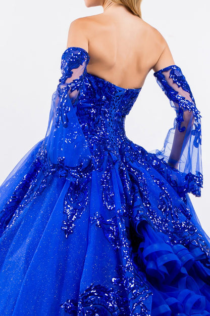 Quinceañera | Royal Blue Sequin Embellished Glitter Mesh Sweet 15 Ball Gown with Detached Mesh Sleeves | Plus Size Available | Nina dress | 4 Colors Available back zoom