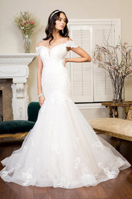 Front full-length view of an ivory and cream mermaid wedding dress featuring a sweetheart neckline, embroidered mesh bodice, and a sleek fitted silhouette.