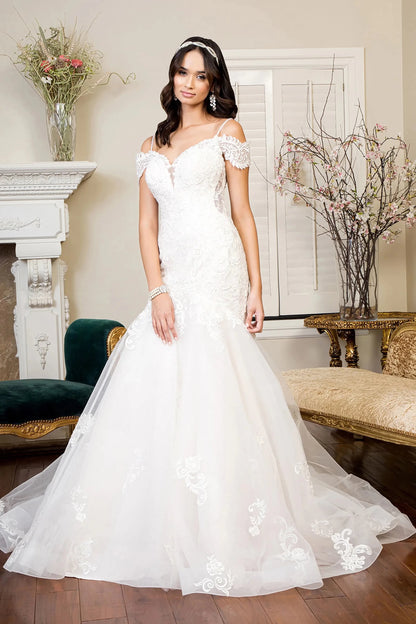 Front full-length view displaying the continuous flow of the embroidered details and the sharp, flattering profile of the fitted bridal gown.