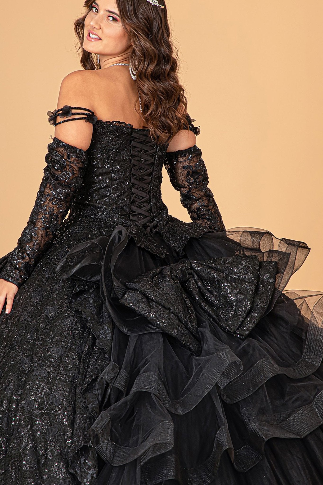 Back Close-Up of Black Mesh Quince Dress with Detachable Sleeves and Ruffled Ribbon Train