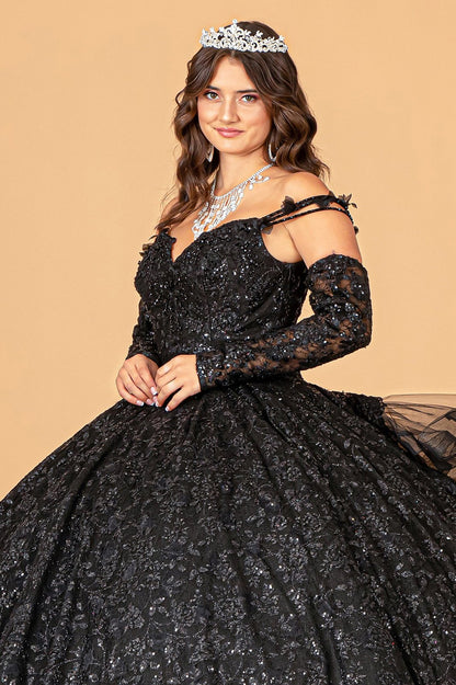 Front Close-Up of Black Mesh Quince Dress Highlighting Detachable Sleeves and Ribbon/Ruffled Train