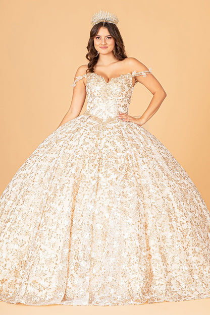 Champagne Mesh Quince Dress with Detachable Long Sleeves, Detachable Ribbon/Ruffled Train Quince Dress Ballgown whole front view