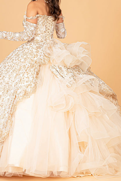Champagne Mesh Quince Dress with Detachable Long Sleeves, Detachable Ribbon/Ruffled Train Quince Dress Ballgown back view skirt part