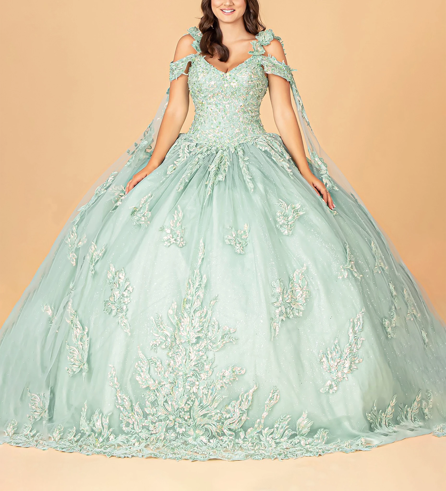 Sage 3D Flower Appliqué Mesh Sweet 15 Ball Gown with Side Mesh Drape front