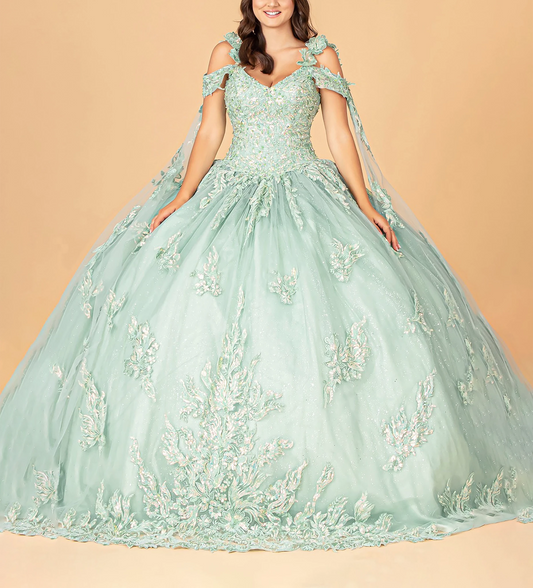 Sage 3D Flower Appliqué Mesh Sweet 15 Ball Gown with Side Mesh Drape front
