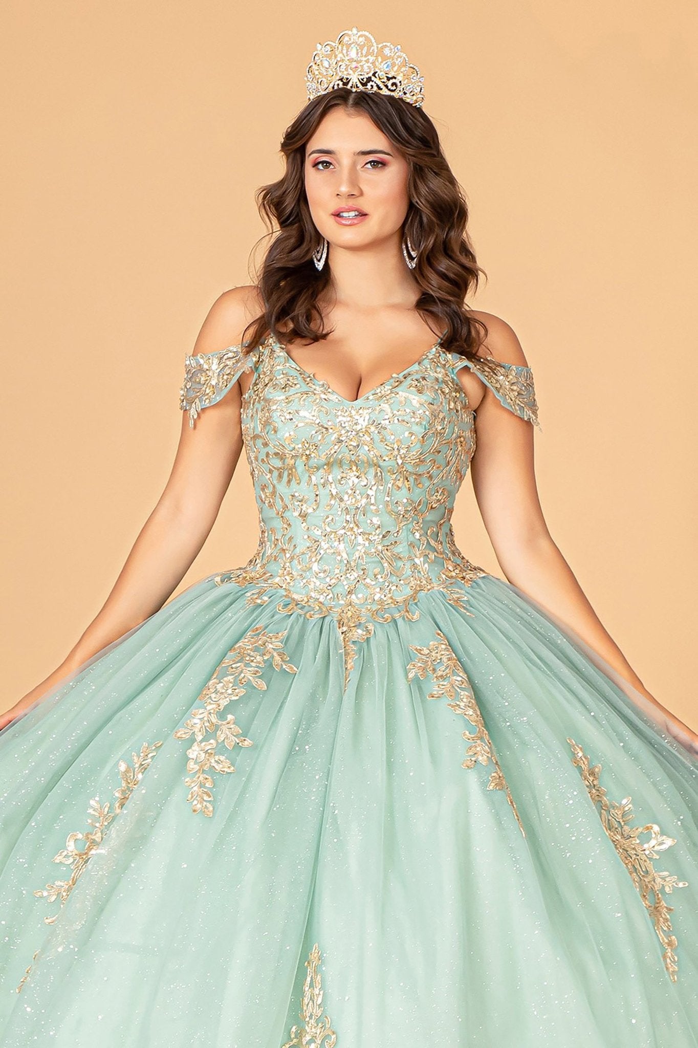 Quinceañera | Sage Gold Embroidered Mesh Sweet 15 Ball Gown | Reyna dress front zoom