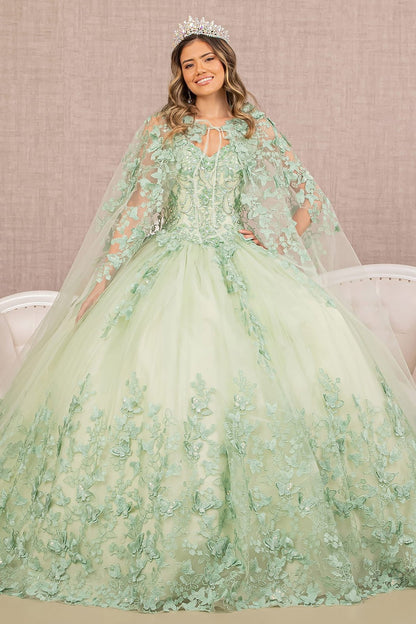 Front View of Sage Paloma Quince Dress with Jewel Mesh, 3D Butterfly Appliqués, and Long Mesh Cape