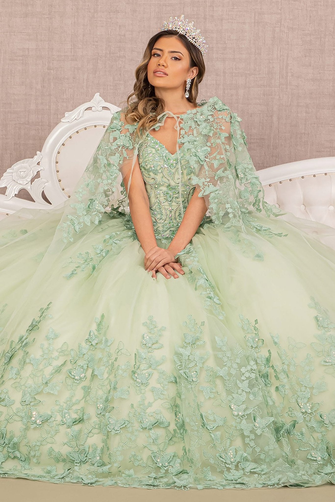 Front Close-Up of Sage Paloma Quince Dress Highlighting Jewel Mesh and 3D Butterfly Details