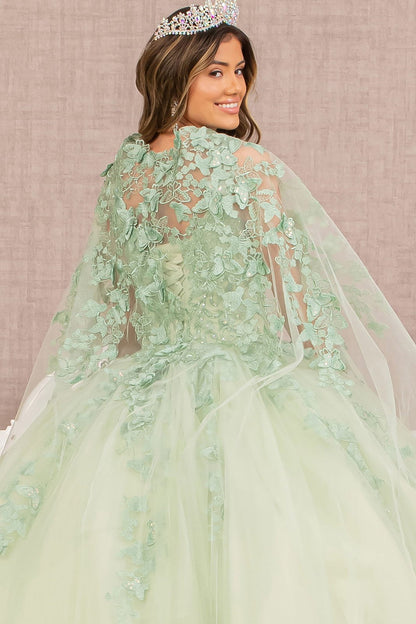 Side Close-Up of Sasge Paloma Quince Ball Gown with 3D Butterfly Appliqués and Mesh Cape