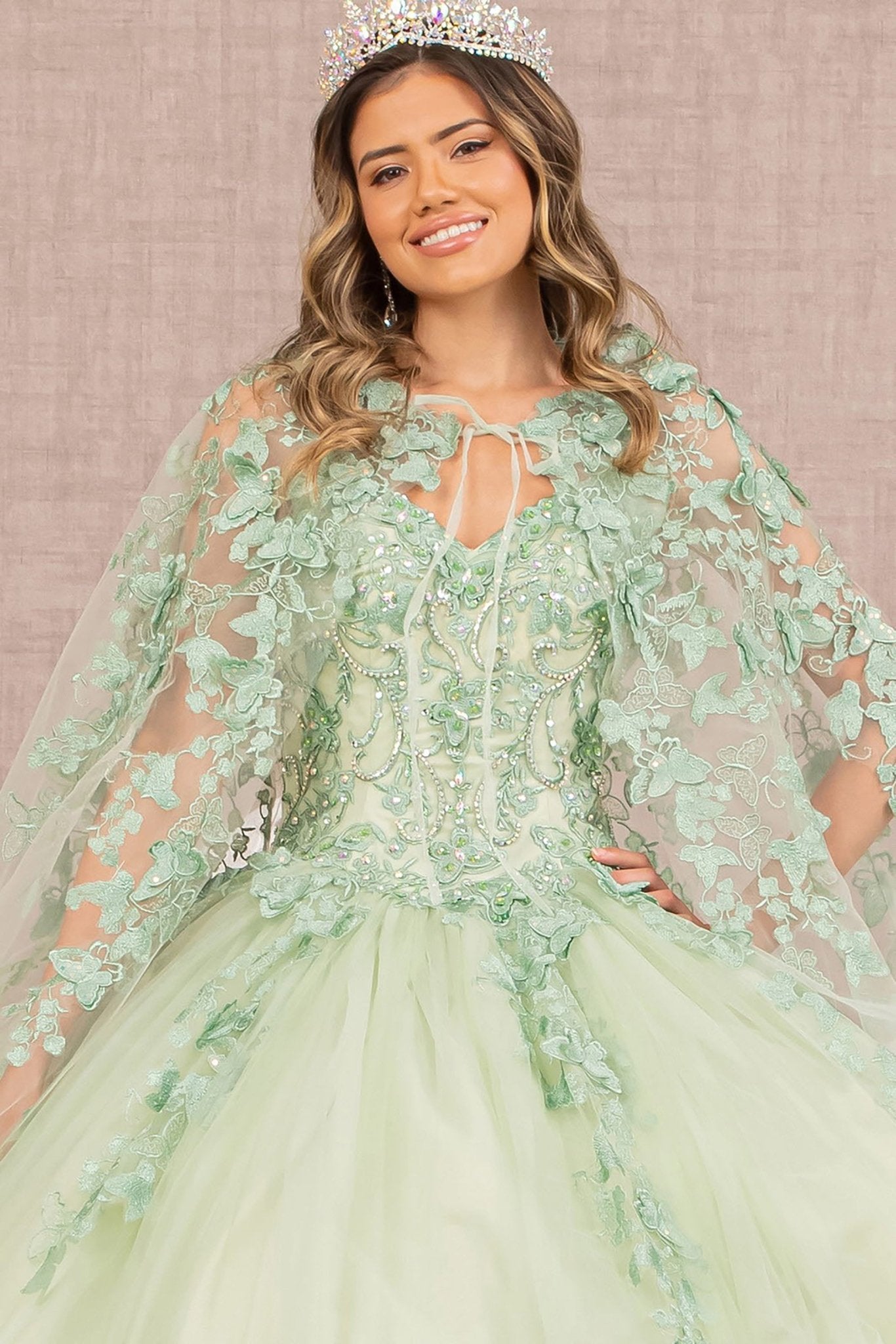 Top Front View of Sage Paloma Quince Dress with 3D Butterfly Appliqués and Jewel Mesh