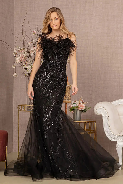 Front view presents a Black sequin sweetheart trumpet prom dress with feather embellishments.