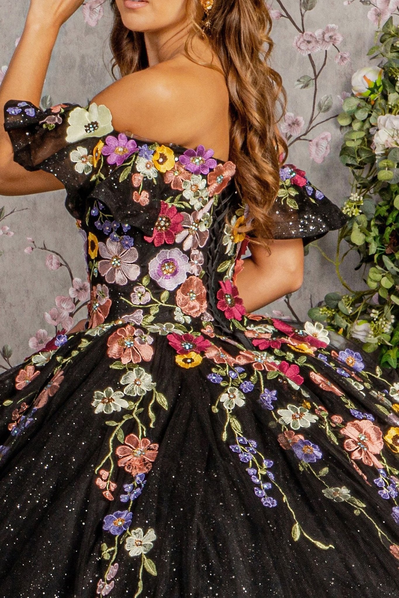 Black Quinceañera Dress with 3D Multi-Color Floral Bodice L / Black