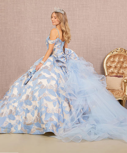 Quinceañera | Sky Blue Ribbon Jewel Quince Gown with Long Mesh Tail and Mini Bag | Ramona dress side view