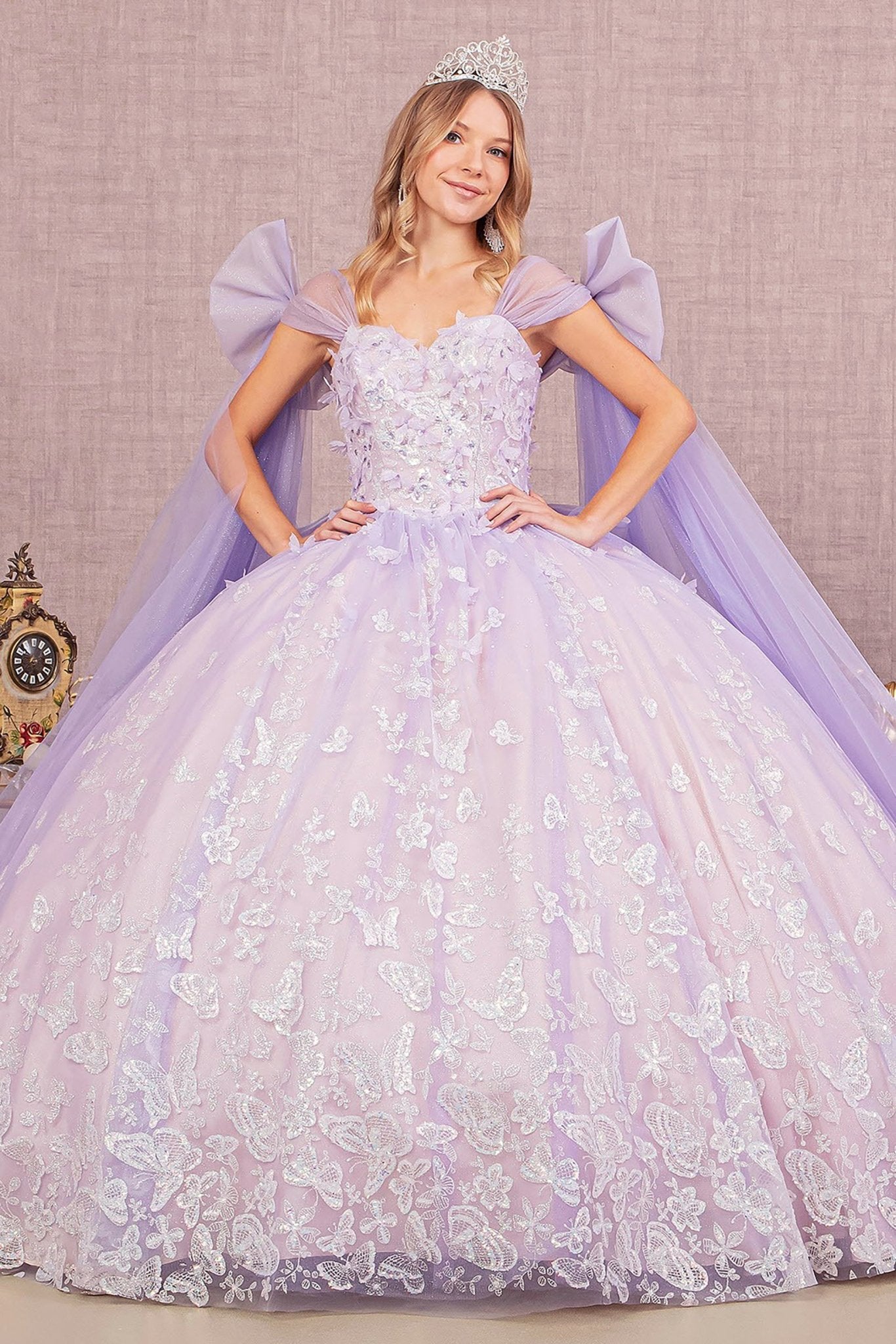 Quinceañera | Lilac Jewel Glitter Quince Dress Ballgown with Long Mesh Layer and Ribbons front view