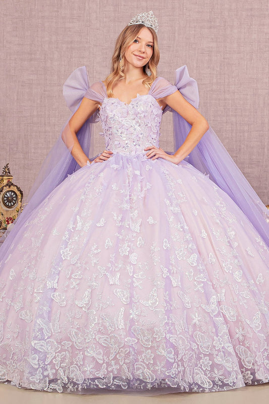 Quinceañera | Lilac Jewel Glitter Quince Dress Ballgown with Long Mesh Layer and Ribbons front view