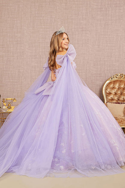 Quinceañera | Lilac Jewel Glitter Quince Dress Ballgown with Long Mesh Layer and Ribbons side view