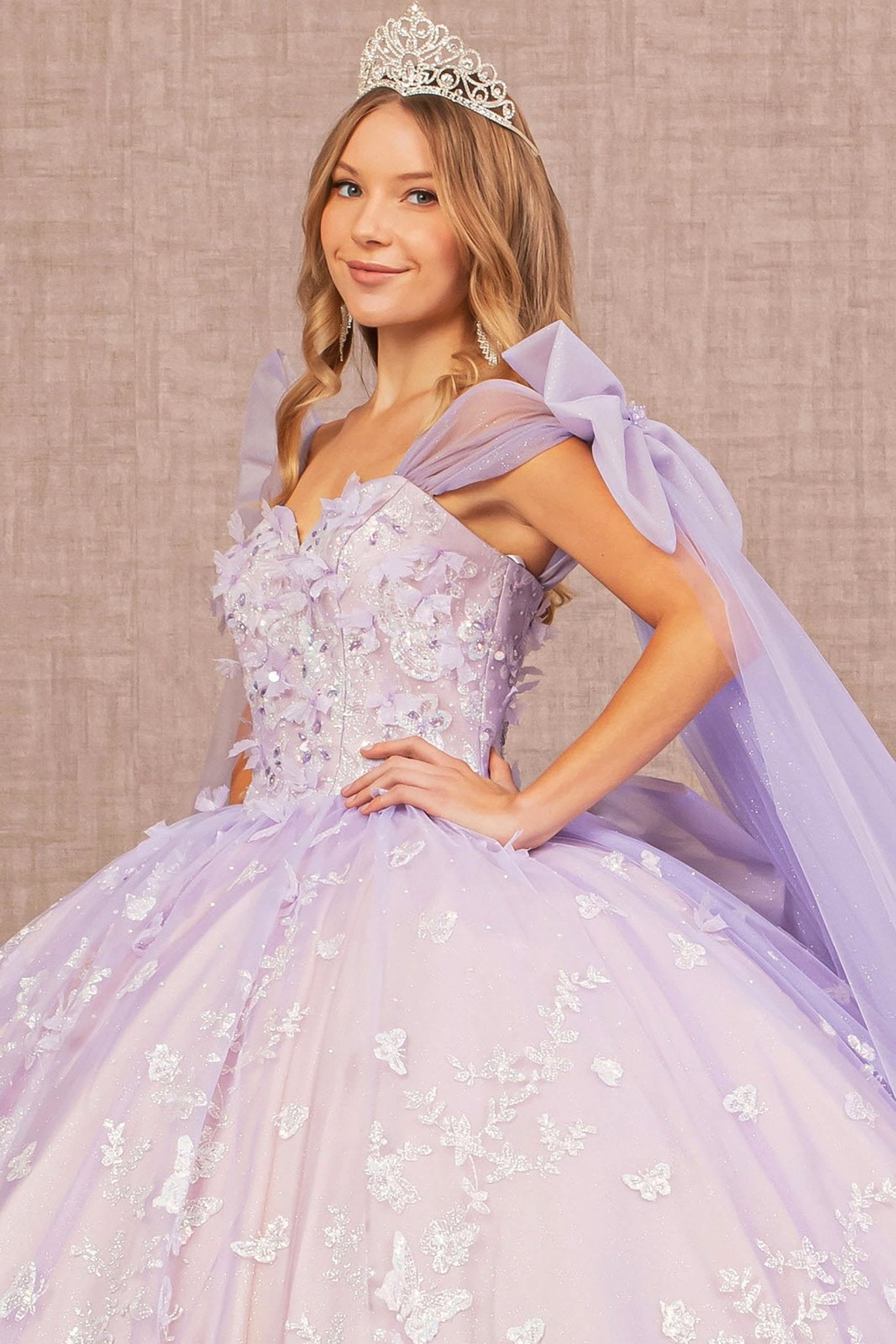Quinceañera | Lilac Jewel Glitter Quince Dress Ballgown with Long Mesh Layer and Ribbons top side view with tiara
