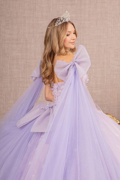 Quinceañera | Lilac Jewel Glitter Quince Dress Ballgown with Long Mesh Layer and Ribbons top zoom side view
