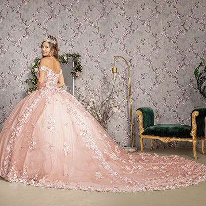 Quinceañera | Blush 3D Flower Applique Jewel Mesh Quince Gown w/ Long Tail side whole view
